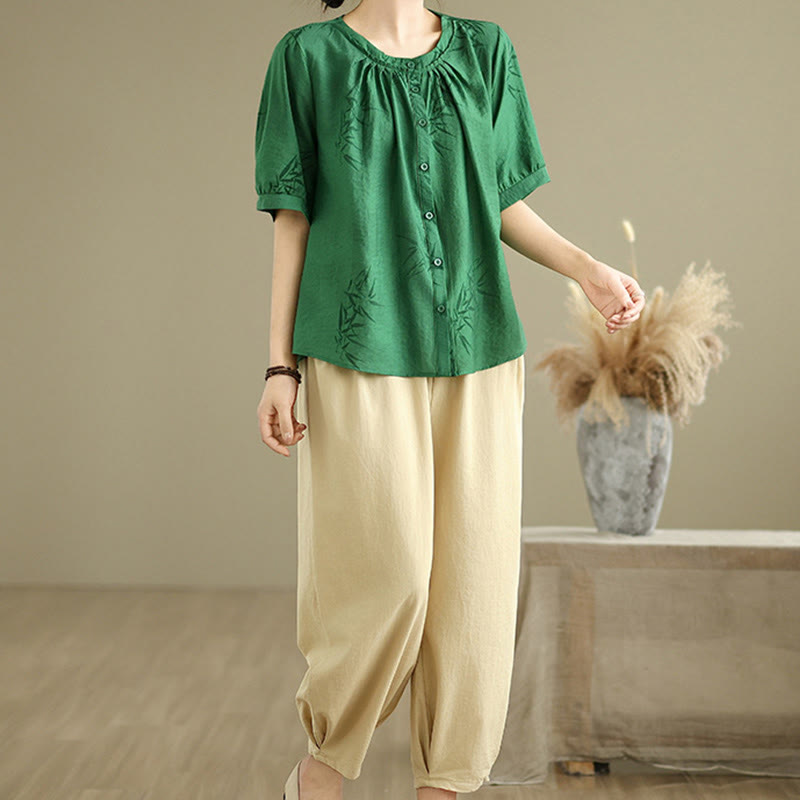Conjunto de 2 piezas de camisa de manga corta y pantalones harén para mujer con Buddha Stones y ropa de meditación informal - image 23