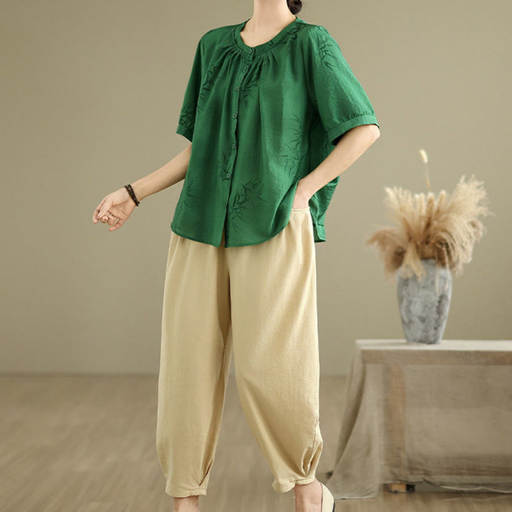 Conjunto de 2 piezas de camisa de manga corta y pantalones harén para mujer con Buddha Stones y ropa de meditación informal - image 25