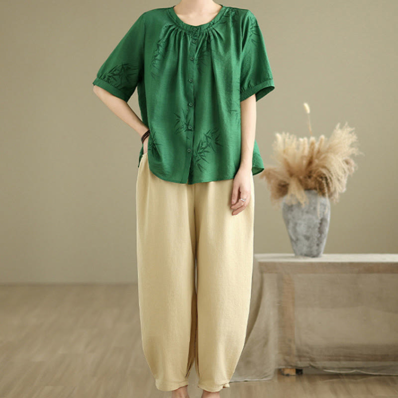 Conjunto de 2 piezas de camisa de manga corta y pantalones harén para mujer con Buddha Stones y ropa de meditación informal - image 22