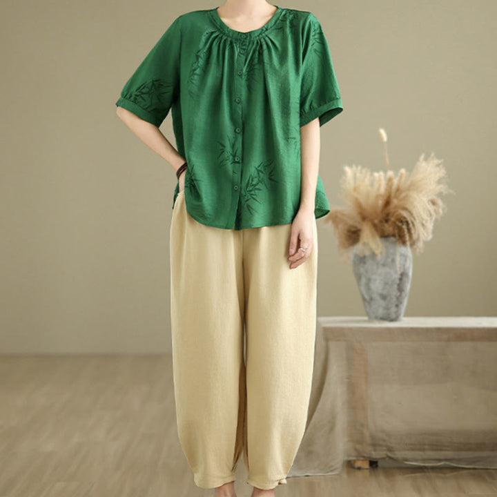 Conjunto de 2 piezas de camisa de manga corta y pantalones harén para mujer con Buddha Stones y ropa de meditación informal - image 22