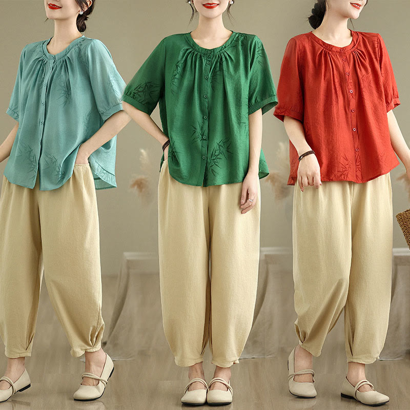 Conjunto de 2 piezas de camisa de manga corta y pantalones harén para mujer con Buddha Stones y ropa de meditación informal - image 27