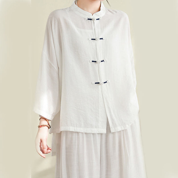Conjunto de 2 piezas de camisa informal con botones de rana y pantalones holgados para meditación con Buddha Stones - image 12
