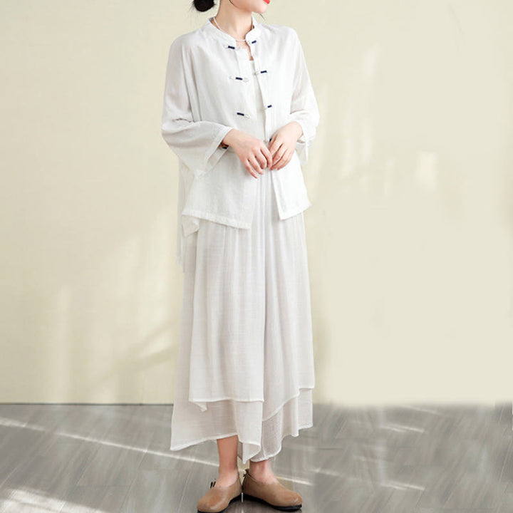 Conjunto de 2 piezas de camisa informal con botones de rana y pantalones holgados para meditación con Buddha Stones - Nieve - US12，UK/AU16，EU44 (XL) - image 7