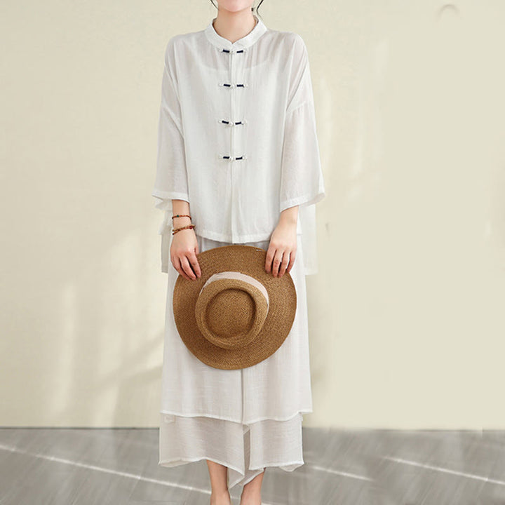 Conjunto de 2 piezas de camisa informal con botones de rana y pantalones holgados para meditación con Buddha Stones - image 16