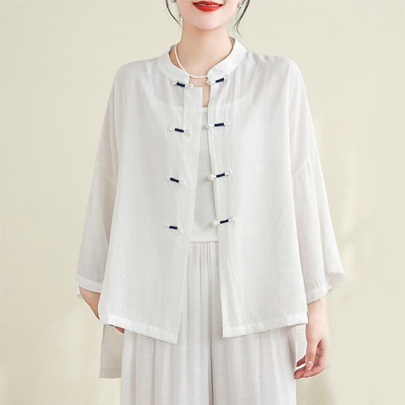 Conjunto de 2 piezas de camisa informal con botones de rana y pantalones holgados para meditación con Buddha Stones - image 9