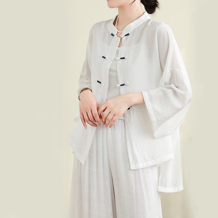 Conjunto de 2 piezas de camisa informal con botones de rana y pantalones holgados para meditación con Buddha Stones - image 10