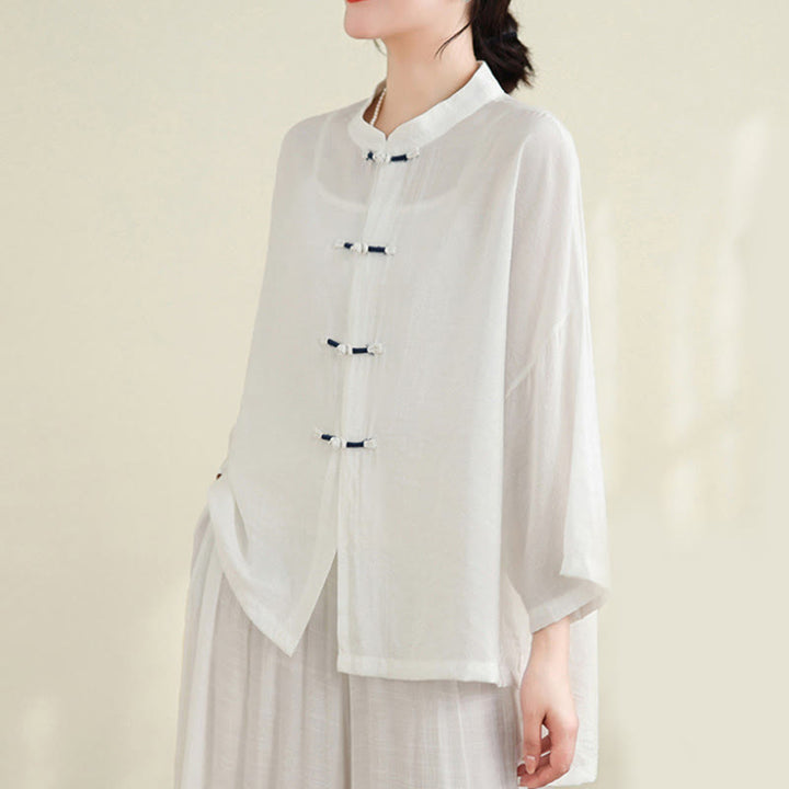 Conjunto de 2 piezas de camisa informal con botones de rana y pantalones holgados para meditación con Buddha Stones - image 13