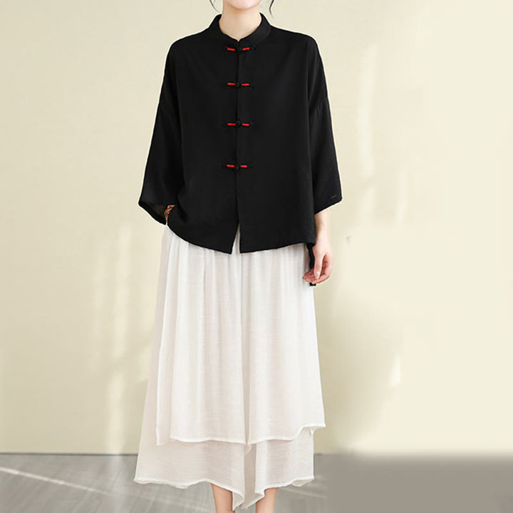 Conjunto de 2 piezas de camisa informal con botones de rana y pantalones holgados para meditación con Buddha Stones - Negro - US12，UK/AU16，EU44 (XL) - image 20