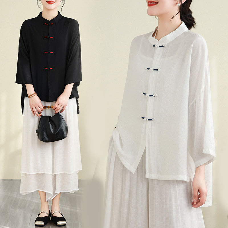 Conjunto de 2 piezas de camisa informal con botones de rana y pantalones holgados para meditación con Buddha Stones - image 27