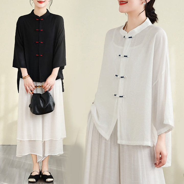 Conjunto de 2 piezas de camisa informal con botones de rana y pantalones holgados para meditación con Buddha Stones - image 27