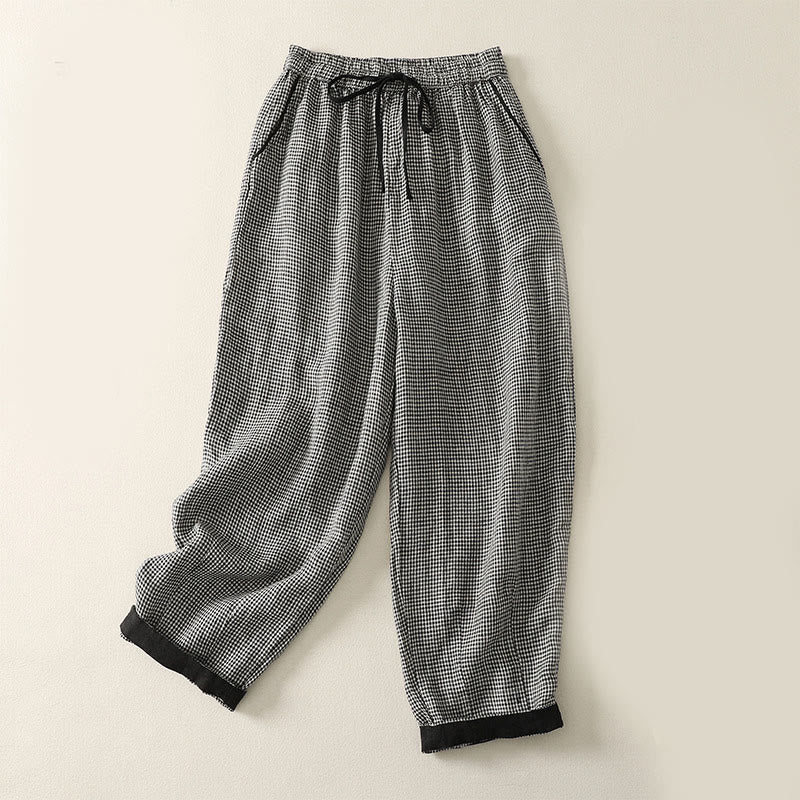 Pantalones harem de algodón y lino para mujer con estampado de cuadros y Buddha Stones, cordón ajustable y bolsillos. - Negro - US8-10，UK/AU12-14，EU40-42 (2XL) - image 0
