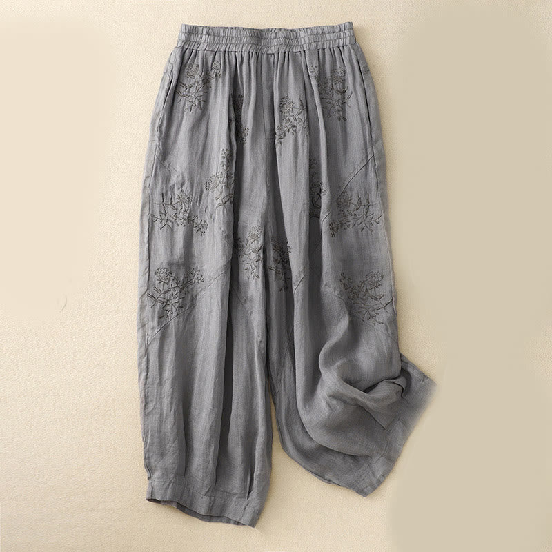 Pantalones harén de lino y algodón para mujer con estampado bordado de Buddha Stones y bolsillos - Gris - US12, UK/AU16, EU44 (3XL) - image 1