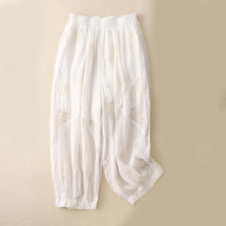 Pantalones harén de lino y algodón para mujer con estampado bordado de Buddha Stones y bolsillos - Blanco - US12, UK/AU16, EU44 (3XL) - image 6