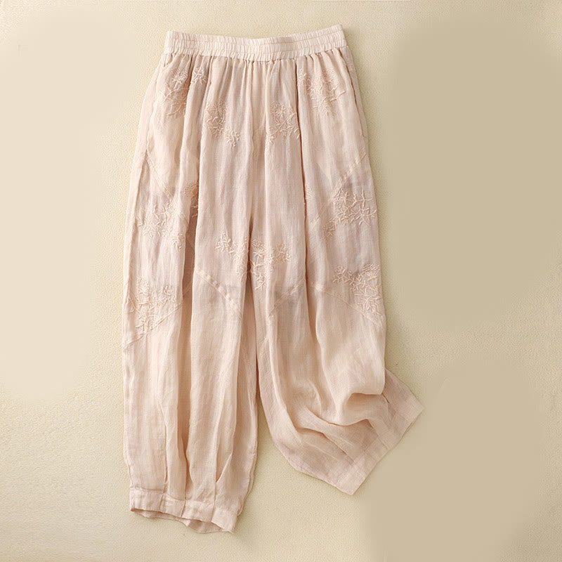 Pantalones harén de lino y algodón para mujer con estampado bordado de Buddha Stones y bolsillos - MistyRose - US12, UK/AU16, EU44 (3XL) - image 11