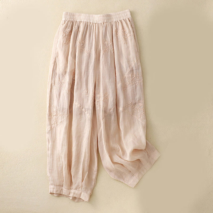 Pantalones harén de lino y algodón para mujer con estampado bordado de Buddha Stones y bolsillos - MistyRose - US12, UK/AU16, EU44 (3XL) - image 11