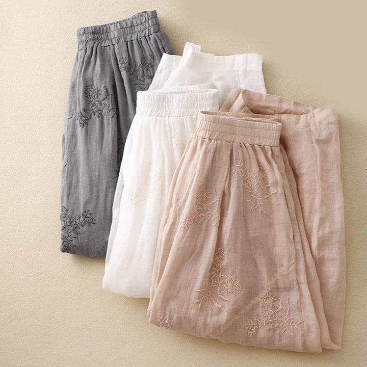 Pantalones harén de lino y algodón para mujer con estampado bordado de Buddha Stones y bolsillos - image 21