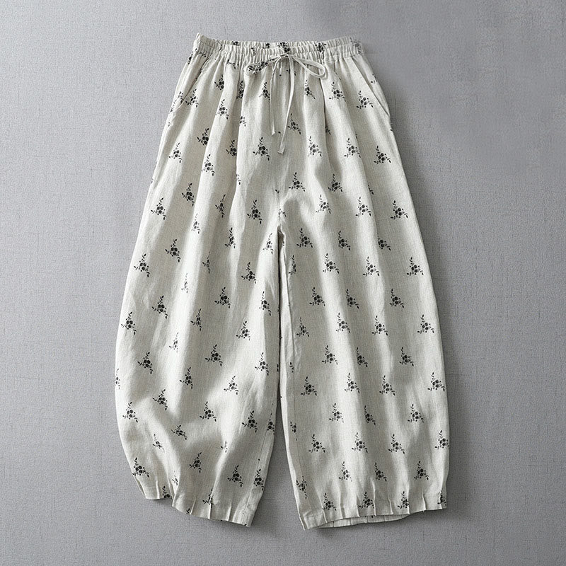 Pantalones harén de lino y algodón para mujer con estampado floral de lunares y Buddha Stones y bolsillos - Patrón floral - US12, UK/AU16, EU44 (2XL) - image 1
