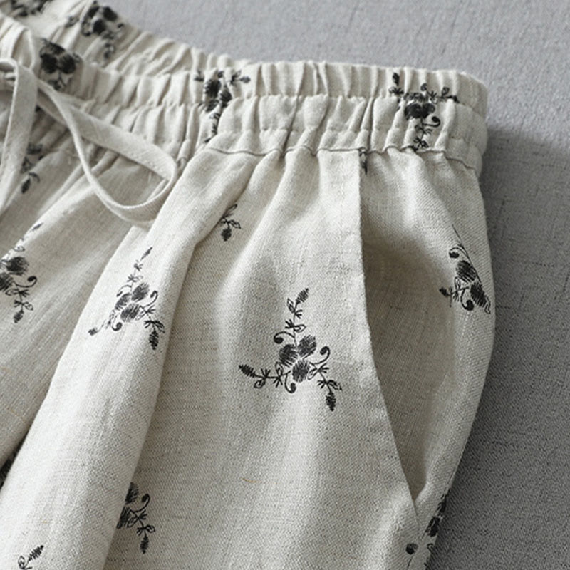 Pantalones harén de lino y algodón para mujer con estampado floral de lunares y Buddha Stones y bolsillos - image 2