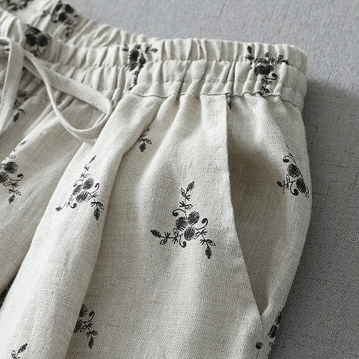 Pantalones harén de lino y algodón para mujer con estampado floral de lunares y Buddha Stones y bolsillos - image 2