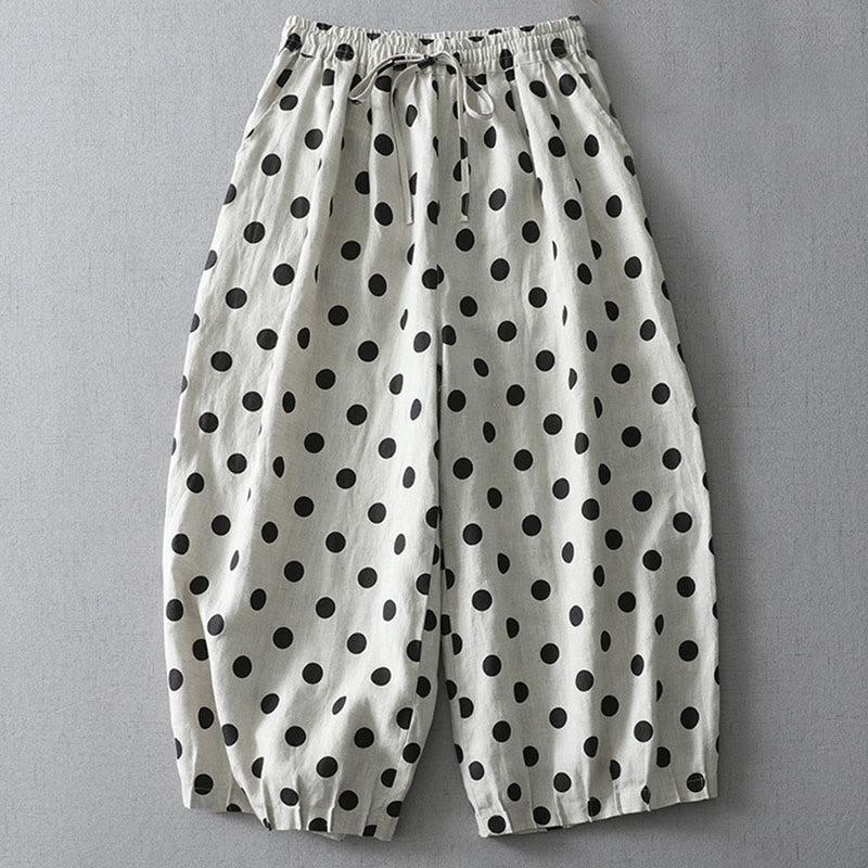 Pantalones harén de lino y algodón para mujer con estampado floral de lunares y Buddha Stones y bolsillos - Patrón de lunares - US12, UK/AU16, EU44 (2XL) - image 5