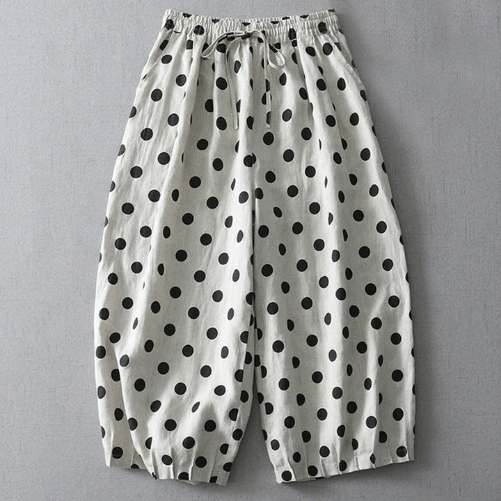Pantalones harén de lino y algodón para mujer con estampado floral de lunares y Buddha Stones y bolsillos - Patrón de lunares - US12, UK/AU16, EU44 (2XL) - image 5