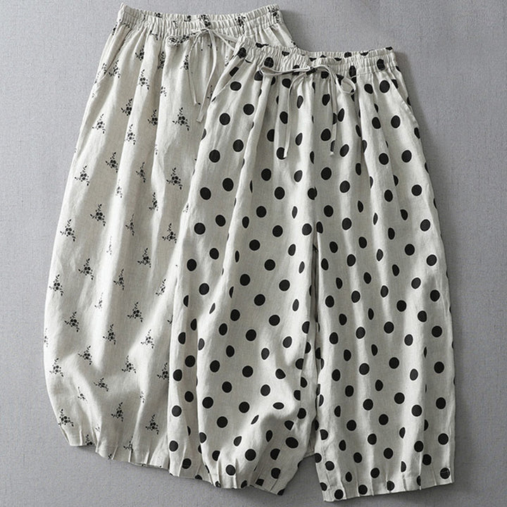 Pantalones harén de lino y algodón para mujer con estampado floral de lunares y Buddha Stones y bolsillos - image 15