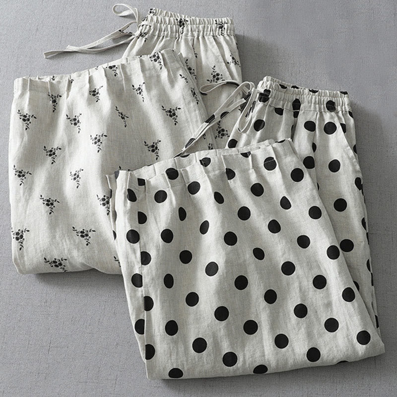 Pantalones harén de lino y algodón para mujer con estampado floral de lunares y Buddha Stones y bolsillos - image 16