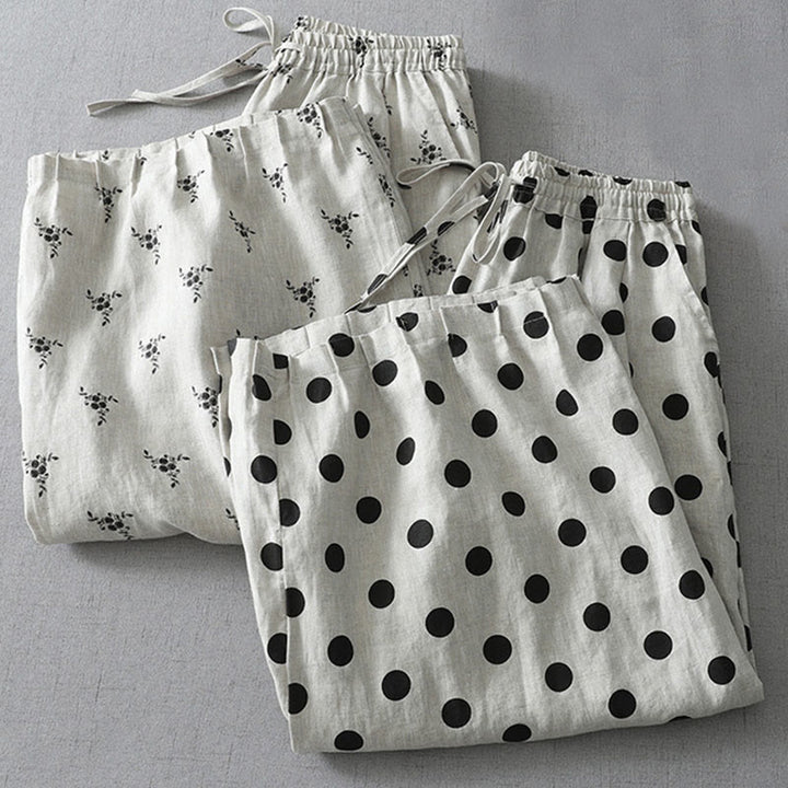 Pantalones harén de lino y algodón para mujer con estampado floral de lunares y Buddha Stones y bolsillos - image 16