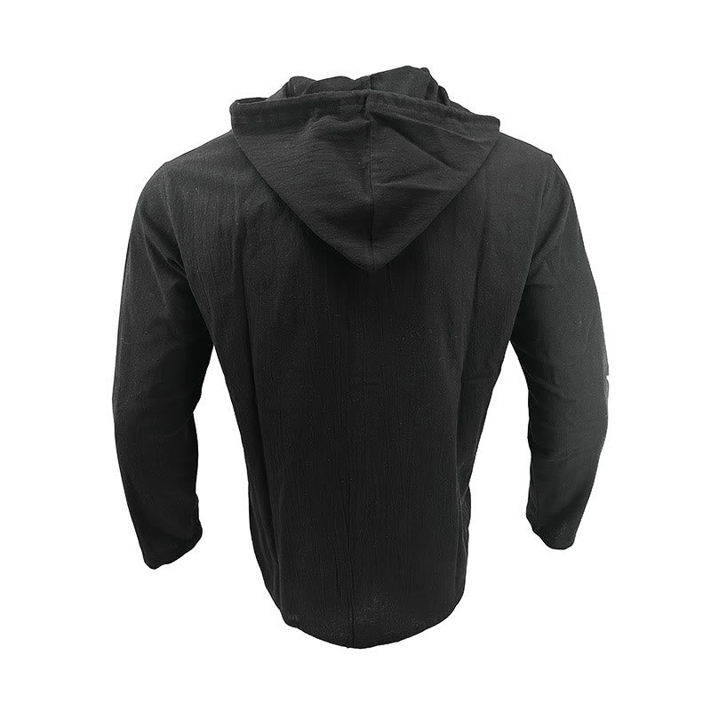 Camisa de lino para hombre con capucha, manga larga, botones y cordón, color liso, con Buddha Stones - image 3