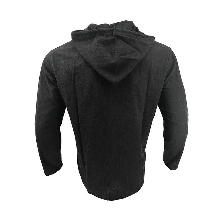 Camisa de lino para hombre con capucha, manga larga, botones y cordón, color liso, con Buddha Stones - image 3