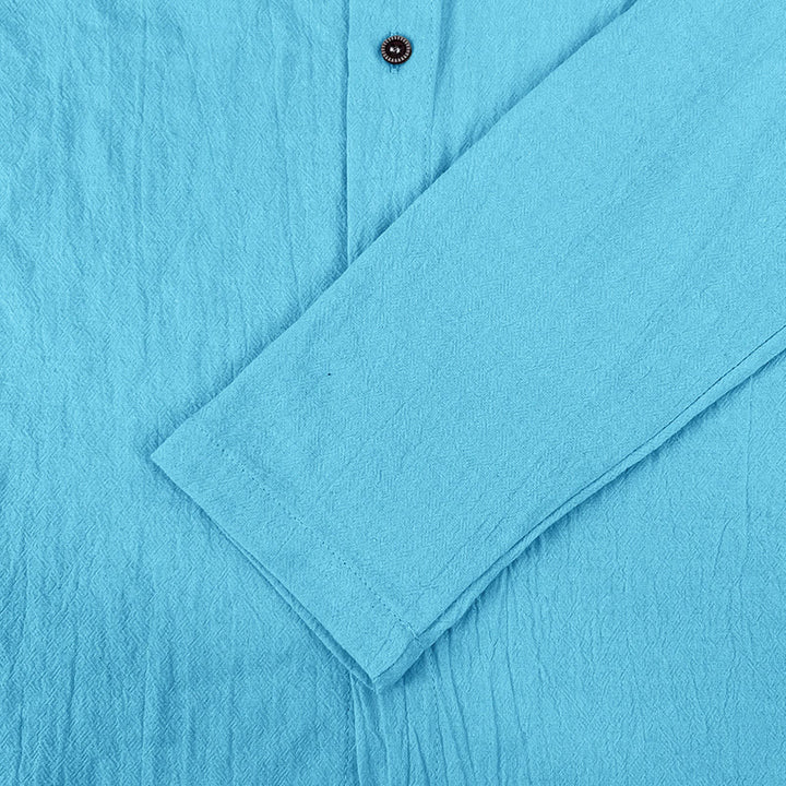 Camisa de lino para hombre con capucha, manga larga, botones y cordón, color liso, con Buddha Stones - image 23