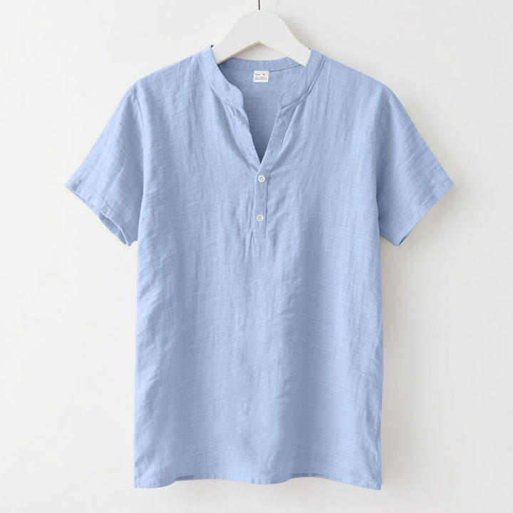 Camisa de lino para hombre de manga corta con botones y estampado de Buddha Stones de verano - Azul cielo claro - US/UK/AU46, UE56 (3XL) - image 19