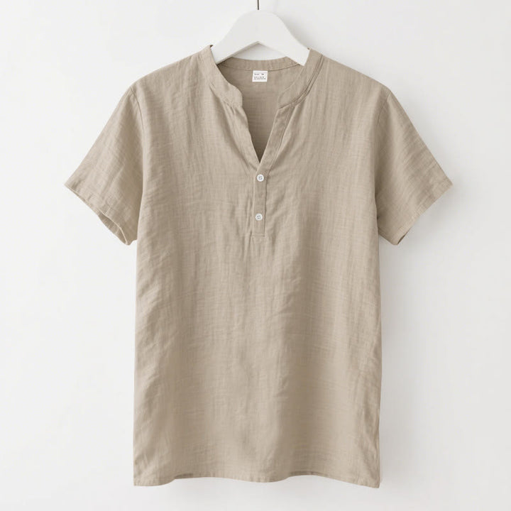 Camisa de lino para hombre de manga corta con botones y estampado de Buddha Stones de verano - Trigo - US/UK/AU46, UE56 (3XL) - image 13