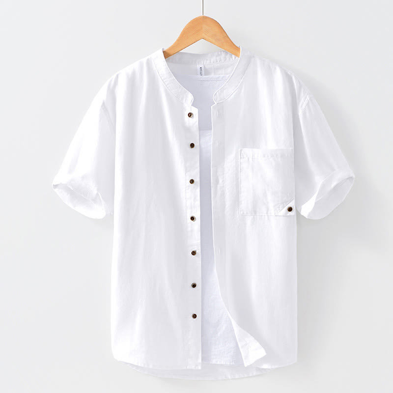 Camisa de hombre de manga corta de lino y algodón con botones de verano Buddha Stones - Blanco - US/UK/AU42, EU52 (3XL) - image 8