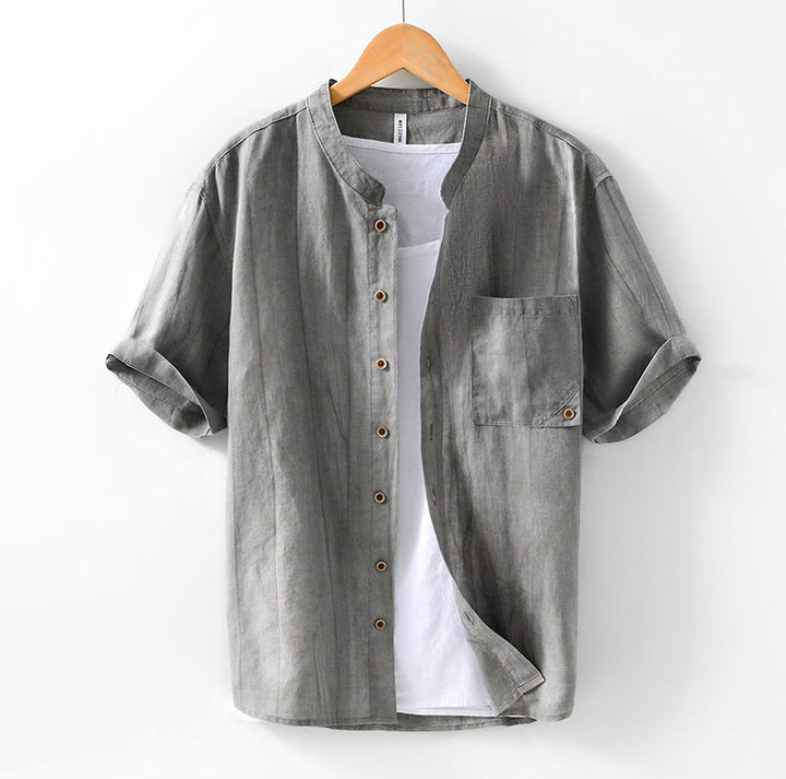 Camisa de hombre de manga corta de lino y algodón con botones de verano Buddha Stones - Gris oscuro - US/UK/AU42, EU52 (3XL) - image 1