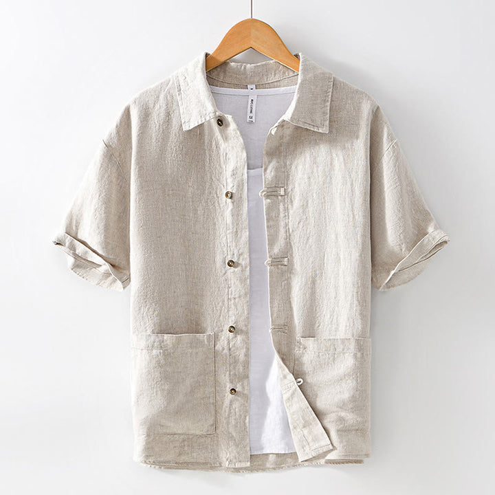 Buddha Stones Camisa de lino para hombre, de verano, de manga corta, con botones y bolsillos - Lino - US/UK/AU42, EU52 (3XL) - image 1