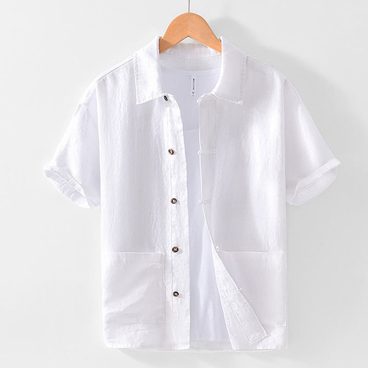 Buddha Stones Camisa de lino para hombre, de verano, de manga corta, con botones y bolsillos - Blanco - US/UK/AU42, EU52 (3XL) - image 9