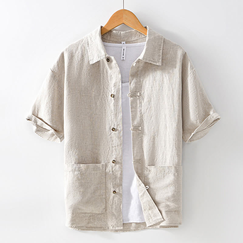 Buddha Stones Camisa de lino para hombre, de verano, de manga corta, con botones y bolsillos - Lino - US/UK/AU42, EU52 (3XL) - image 0