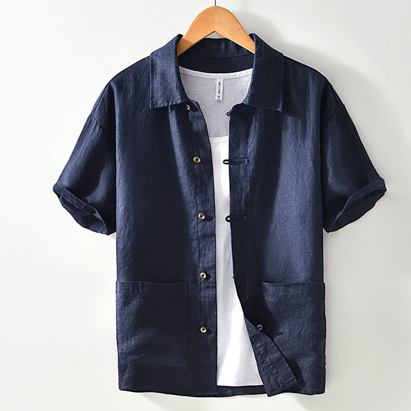 Buddha Stones Camisa de lino para hombre, de verano, de manga corta, con botones y bolsillos - Azul acero - US/UK/AU42, EU52 (3XL) - image 16