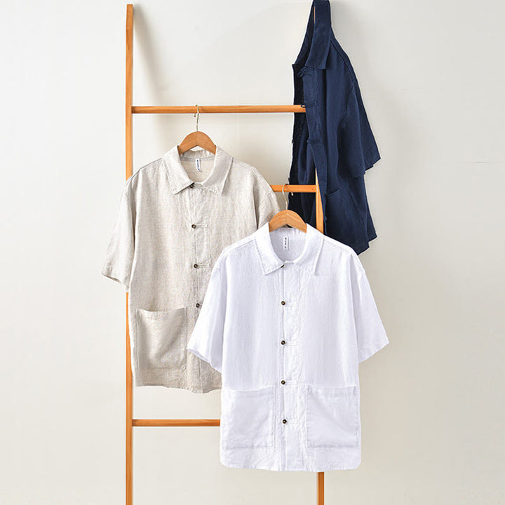 Buddha Stones Camisa de lino para hombre, de verano, de manga corta, con botones y bolsillos - image 10