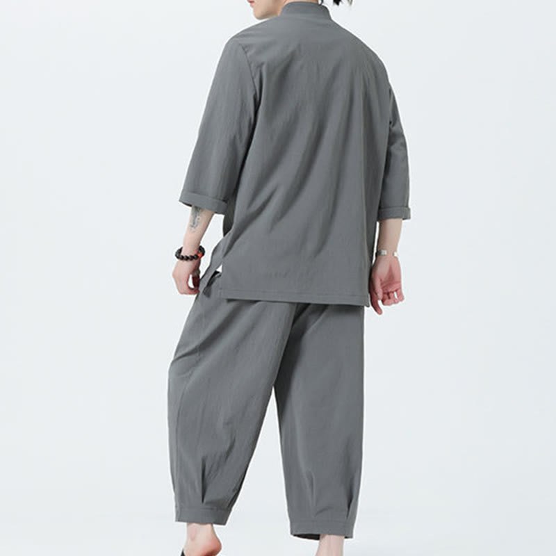 Conjunto de 2 piezas de camisa y pantalón de manga tres cuartos con botones de rana para hombre de Buddha Stones - image 2