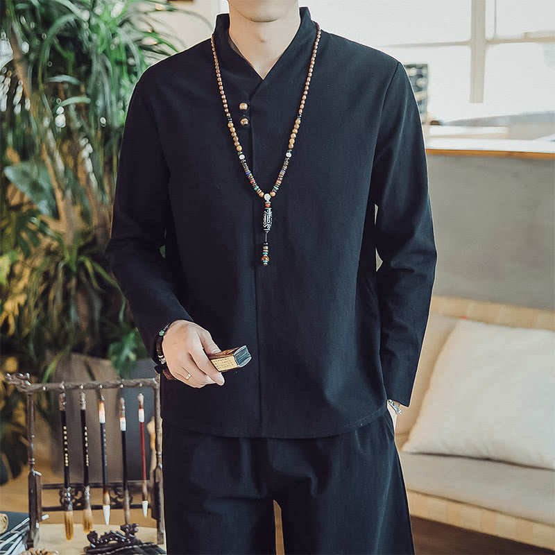 Conjunto de 2 piezas de camisa de algodón con Buddha Stones y pantalones hasta los tobillos con bolsillos para hombre. - image 12