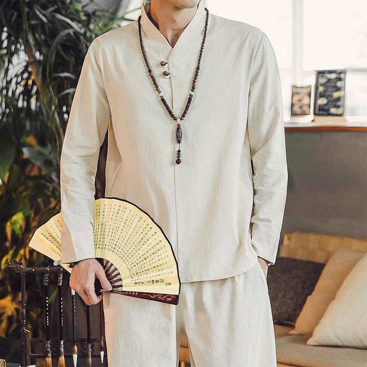 Conjunto de 2 piezas de camisa de algodón con Buddha Stones y pantalones hasta los tobillos con bolsillos para hombre. - image 7