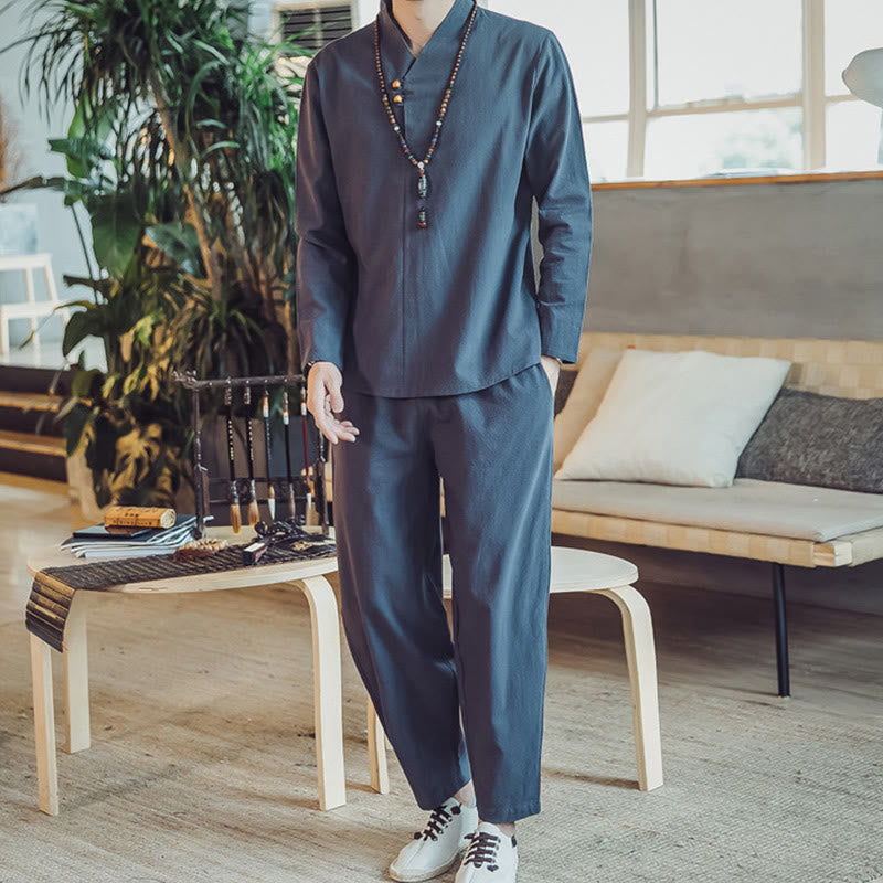 Conjunto de 2 piezas de camisa de algodón con Buddha Stones y pantalones hasta los tobillos con bolsillos para hombre. - Azul acero - US/UK/AU44, UE 54 (5XL) - image 34