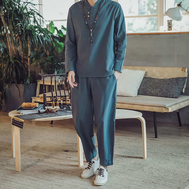 Conjunto de 2 piezas de camisa de algodón con Buddha Stones y pantalones hasta los tobillos con bolsillos para hombre. - Verde azulado - US/UK/AU44, UE 54 (5XL) - image 18