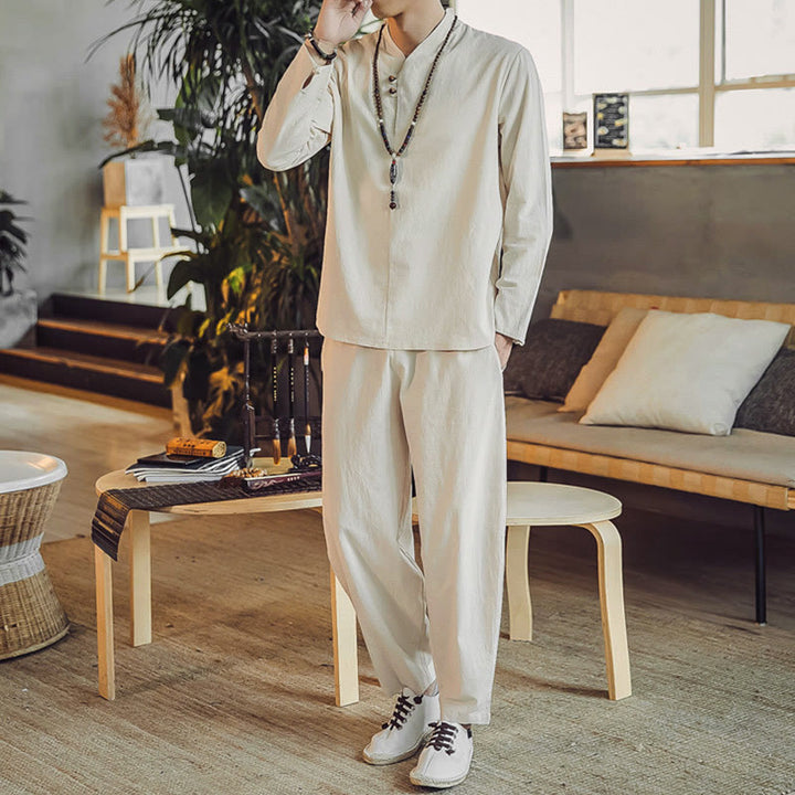 Conjunto de 2 piezas de camisa de algodón con Buddha Stones y pantalones hasta los tobillos con bolsillos para hombre. - image 1