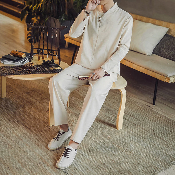 Conjunto de 2 piezas de camisa de algodón con Buddha Stones y pantalones hasta los tobillos con bolsillos para hombre. - image 3