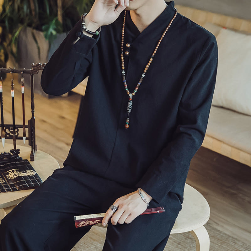 Conjunto de 2 piezas de camisa de algodón con Buddha Stones y pantalones hasta los tobillos con bolsillos para hombre. - image 16