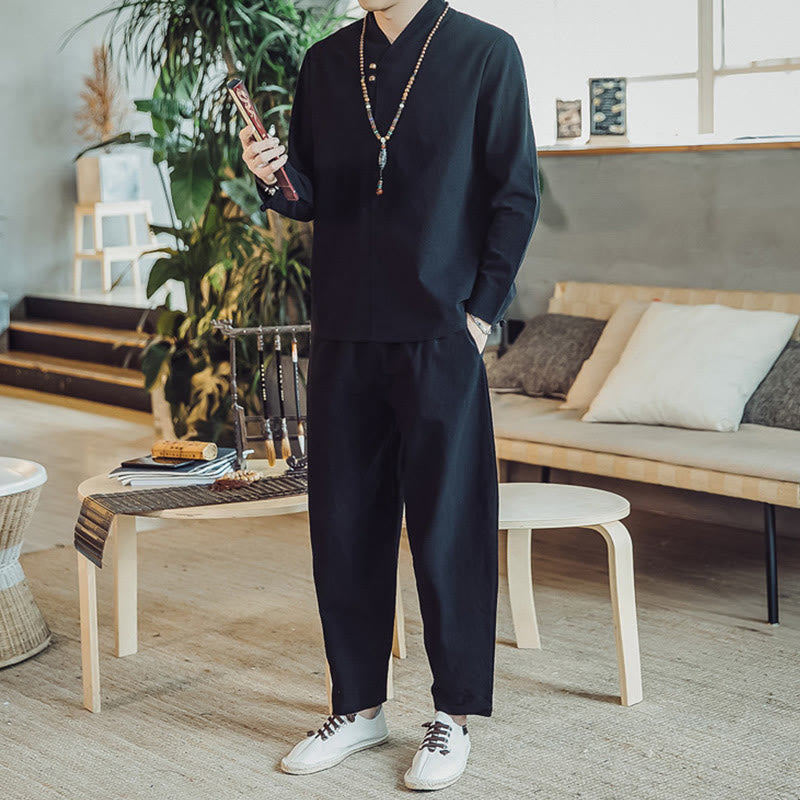 Conjunto de 2 piezas de camisa de algodón con Buddha Stones y pantalones hasta los tobillos con bolsillos para hombre. - image 11