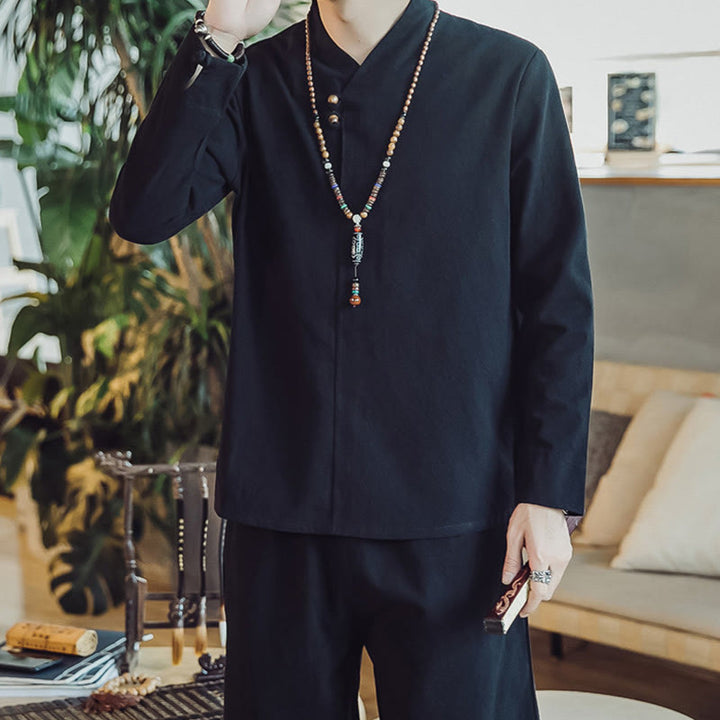 Conjunto de 2 piezas de camisa de algodón con Buddha Stones y pantalones hasta los tobillos con bolsillos para hombre. - image 17